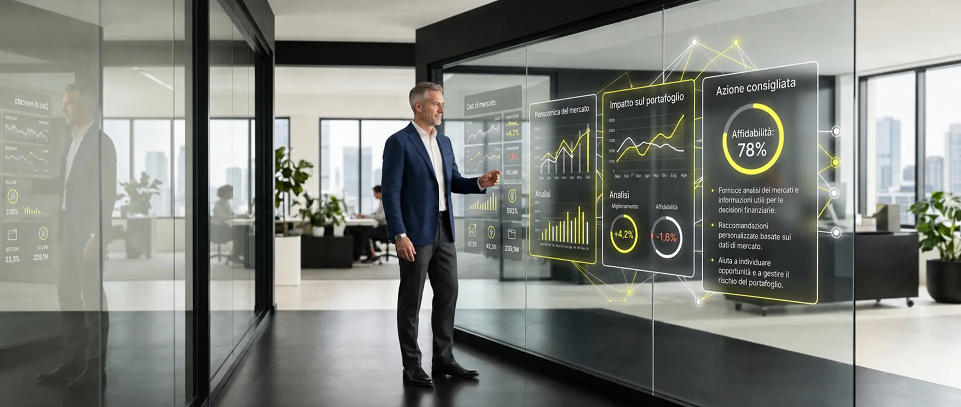 Investor reviewing Cryptosmart analytics on a glass display